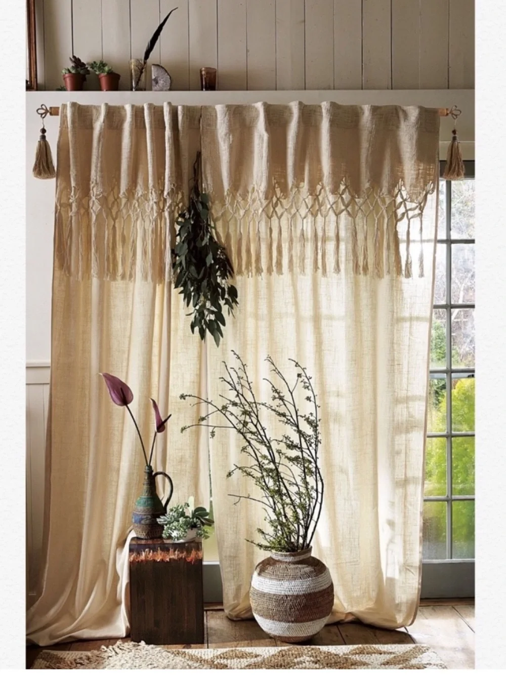 Anthropologie Knotted Macrame Curtain Ivory - 50